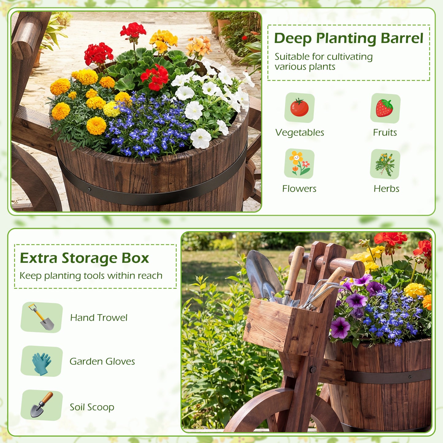 Rustic Wood Tricycle Planter with Wheels and Storage Box, Coffee Raised Garden Beds at Gallery Canada
