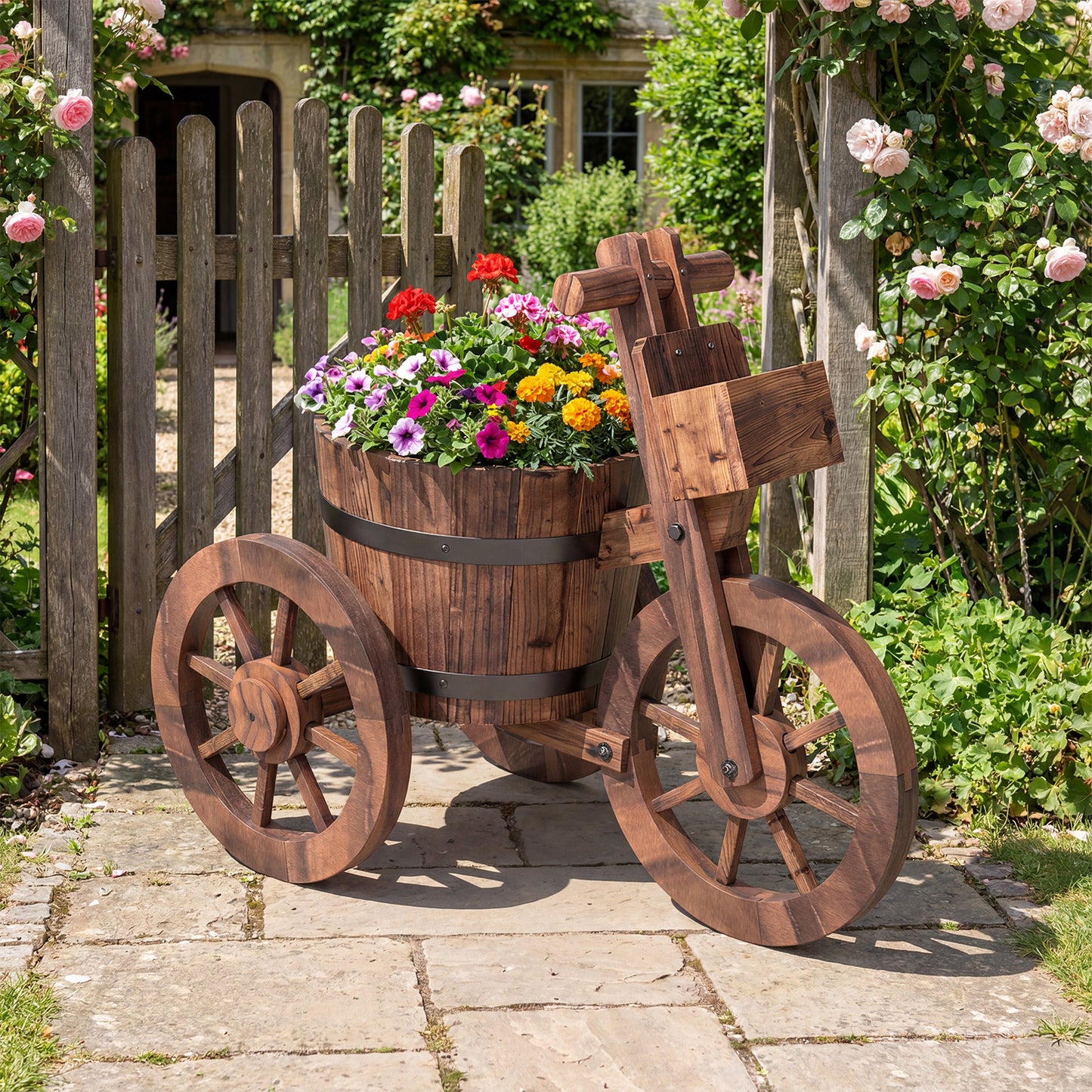 Rustic Wood Tricycle Planter with Wheels and Storage Box, Coffee Raised Garden Beds at Gallery Canada