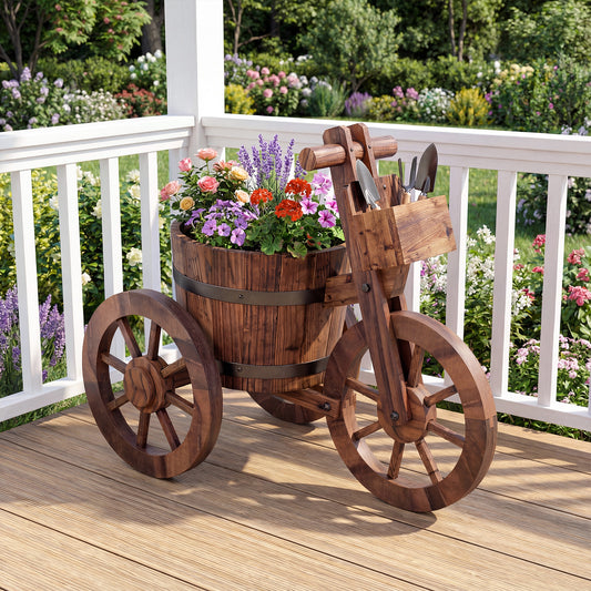 Rustic Wood Tricycle Planter with Wheels and Storage Box, Coffee Raised Garden Beds Coffee at Gallery Canada