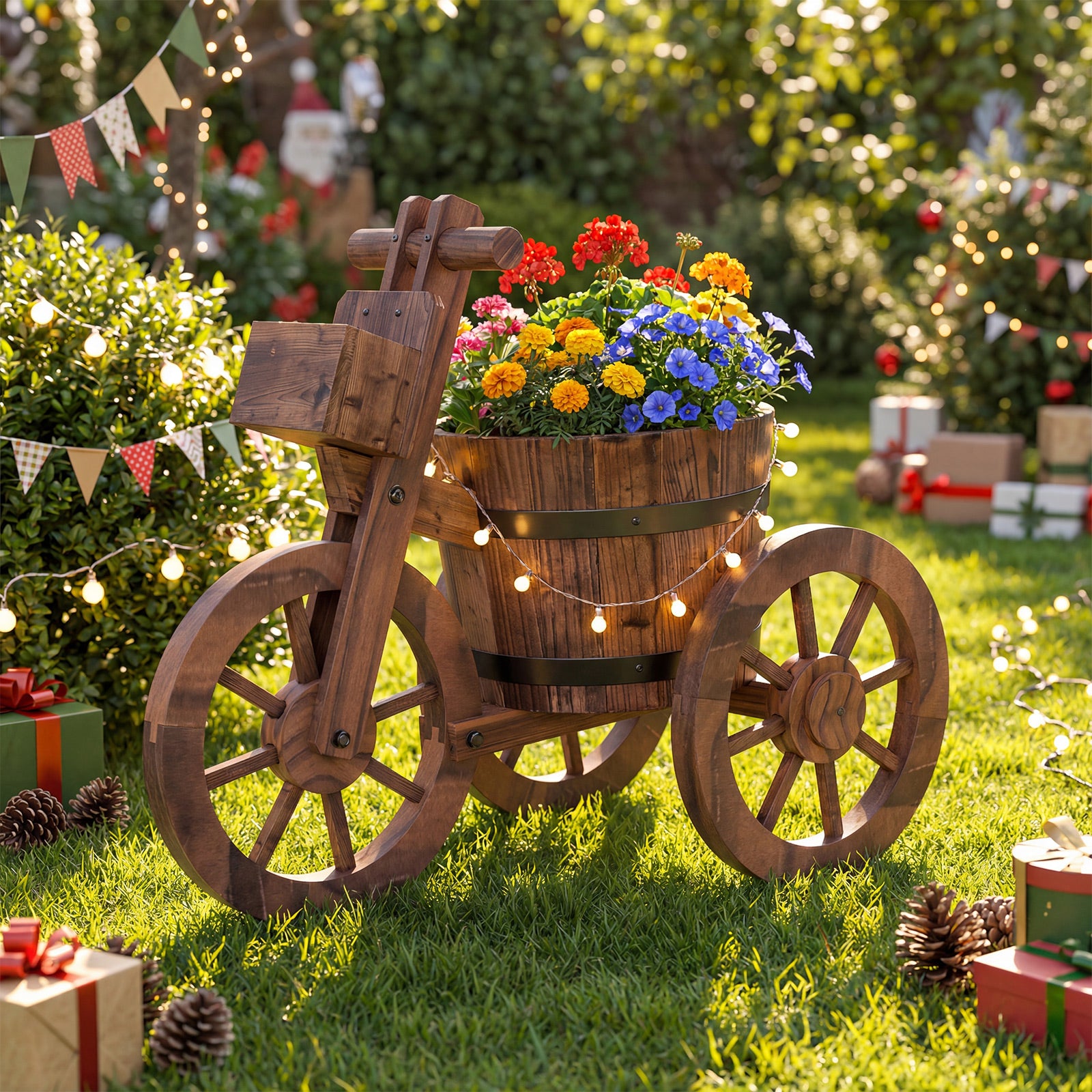 Rustic Wood Tricycle Planter with Wheels and Storage Box, Coffee Raised Garden Beds at Gallery Canada
