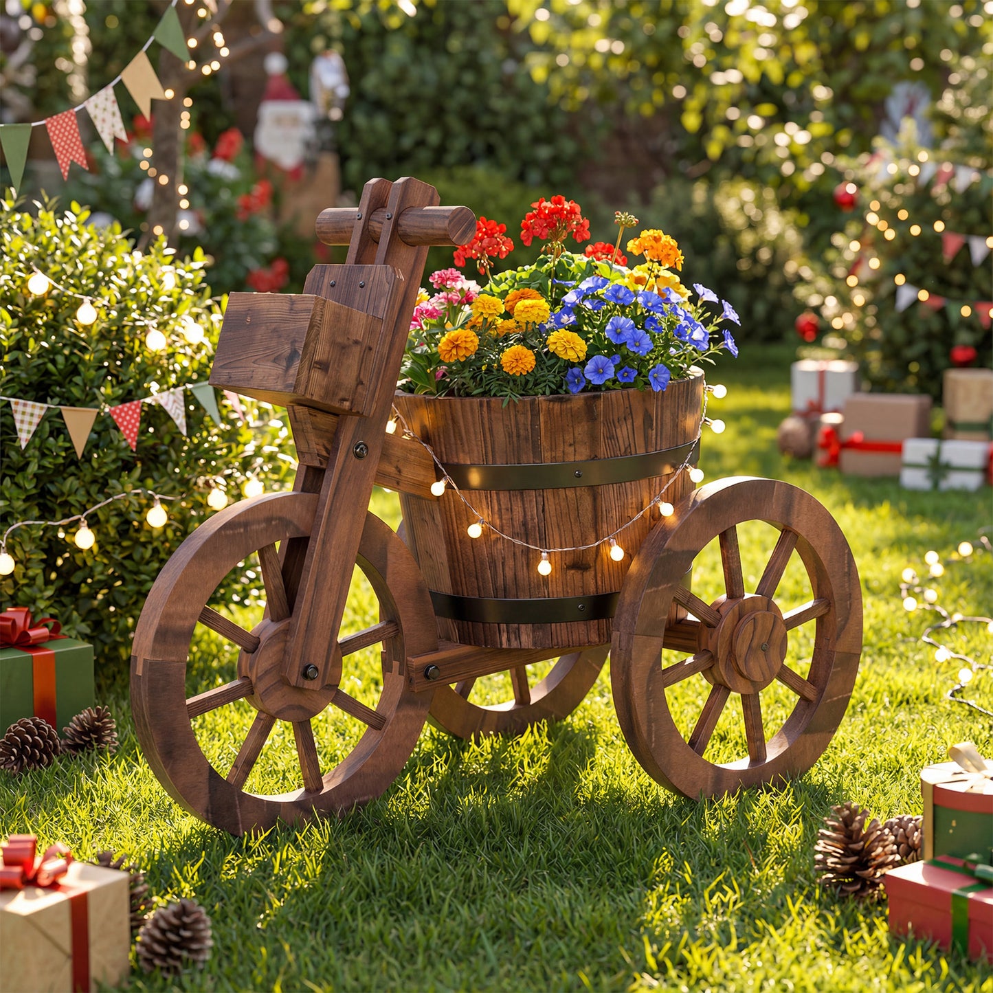 Rustic Wood Tricycle Planter with Wheels and Storage Box, Coffee Raised Garden Beds at Gallery Canada