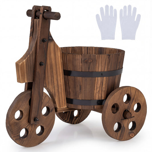 Rustic Wood Tricycle Planter Barrel Flower Pot Cart with Drainage Hole, Coffee Raised Garden Beds Coffee at Gallery Canada
