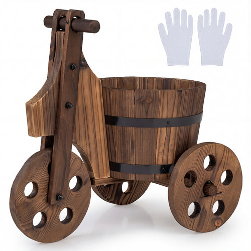Rustic Wood Tricycle Planter Barrel Flower Pot Cart with Drainage Hole, Coffee