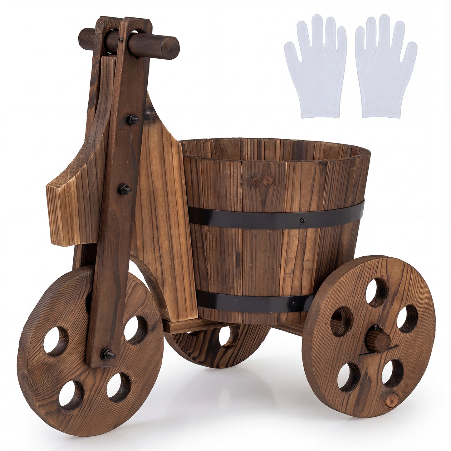 Rustic Wood Tricycle Planter Barrel Flower Pot Cart with Drainage Hole, Coffee Raised Garden Beds at Gallery Canada