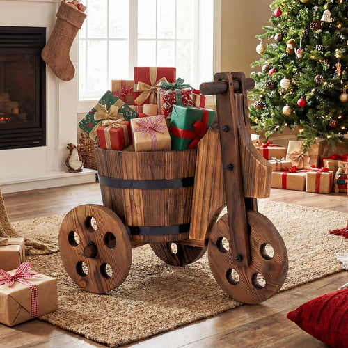 Rustic Wood Tricycle Planter Barrel Flower Pot Cart with Drainage Hole, Coffee
