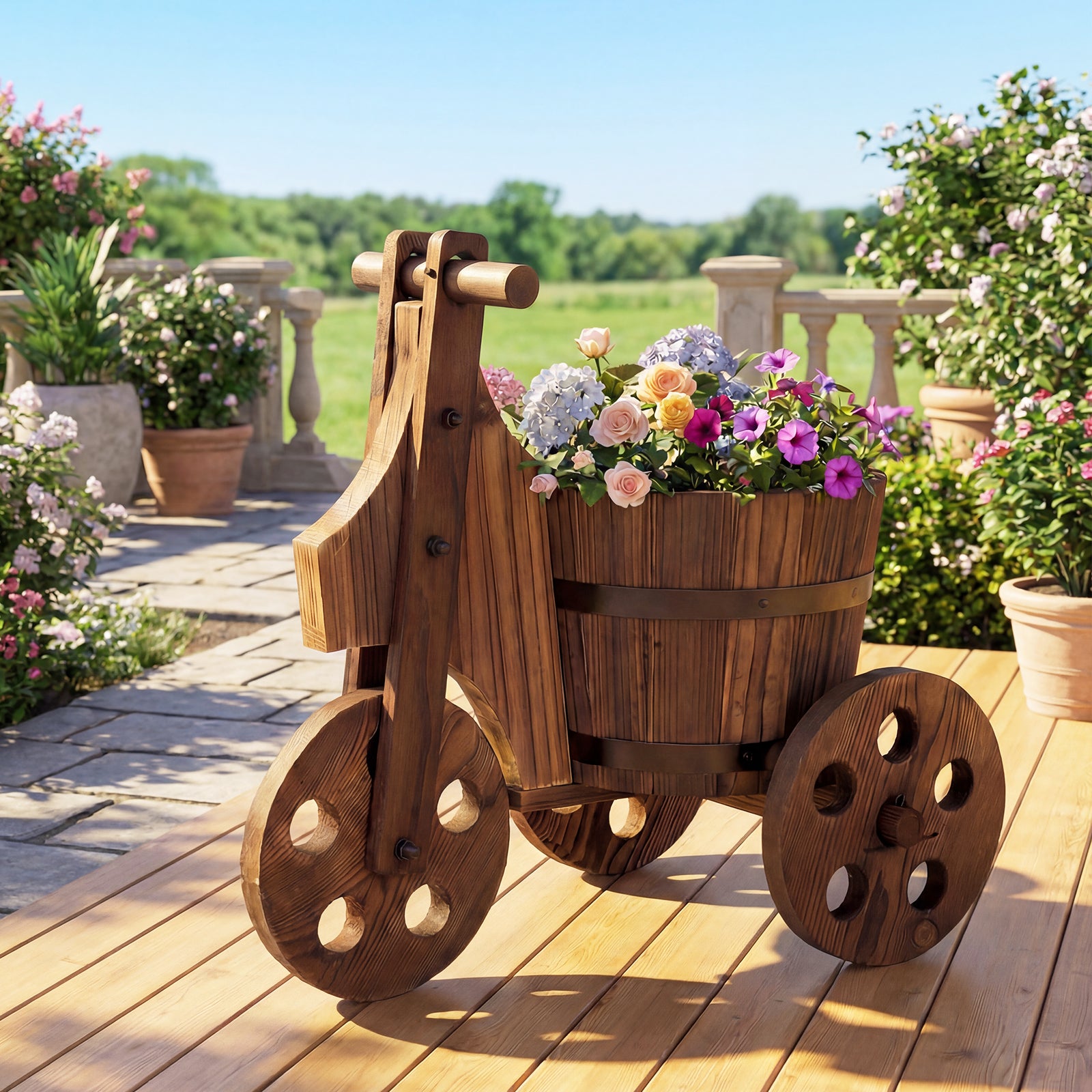 Rustic Wood Tricycle Planter Barrel Flower Pot Cart with Drainage Hole, Coffee Raised Garden Beds at Gallery Canada
