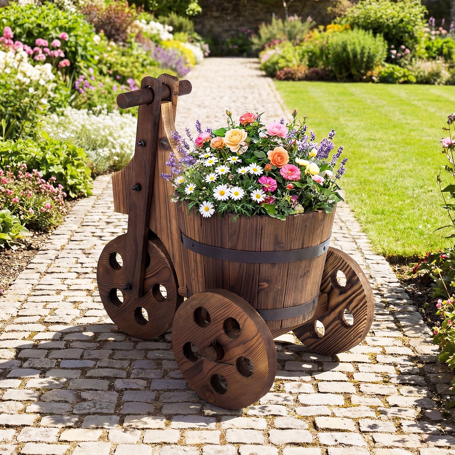 Rustic Wood Tricycle Planter Barrel Flower Pot Cart with Drainage Hole, Coffee Raised Garden Beds at Gallery Canada