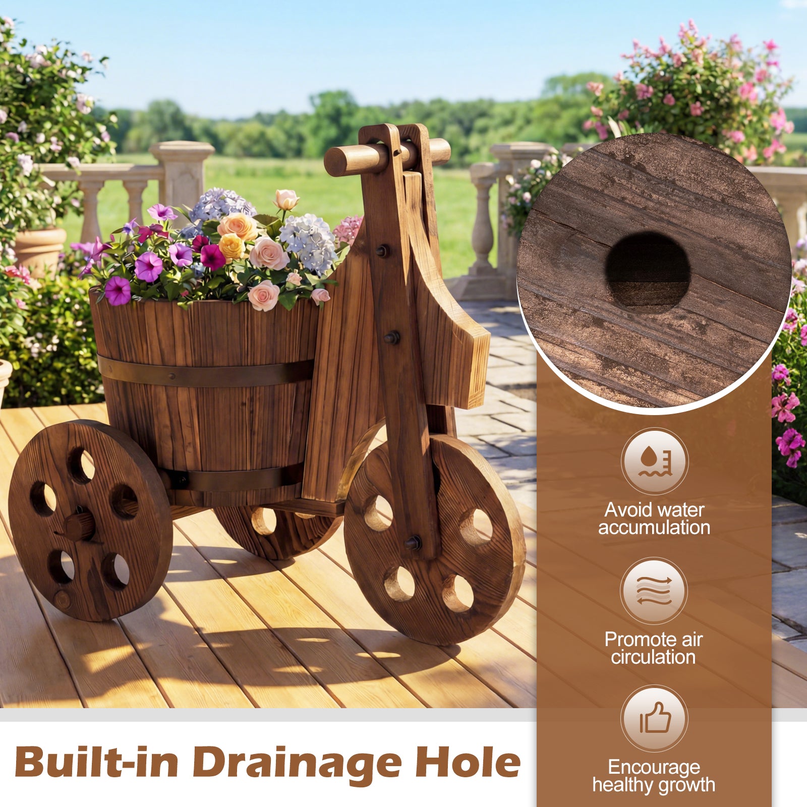 Rustic Wood Tricycle Planter Barrel Flower Pot Cart with Drainage Hole, Coffee Raised Garden Beds at Gallery Canada