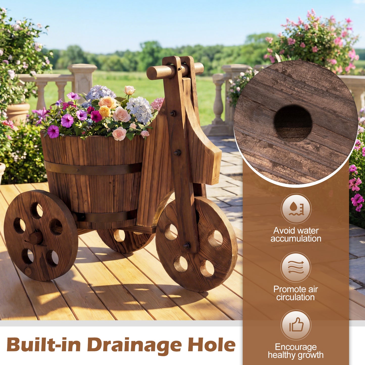 Rustic Wood Tricycle Planter Barrel Flower Pot Cart with Drainage Hole, Coffee Raised Garden Beds at Gallery Canada