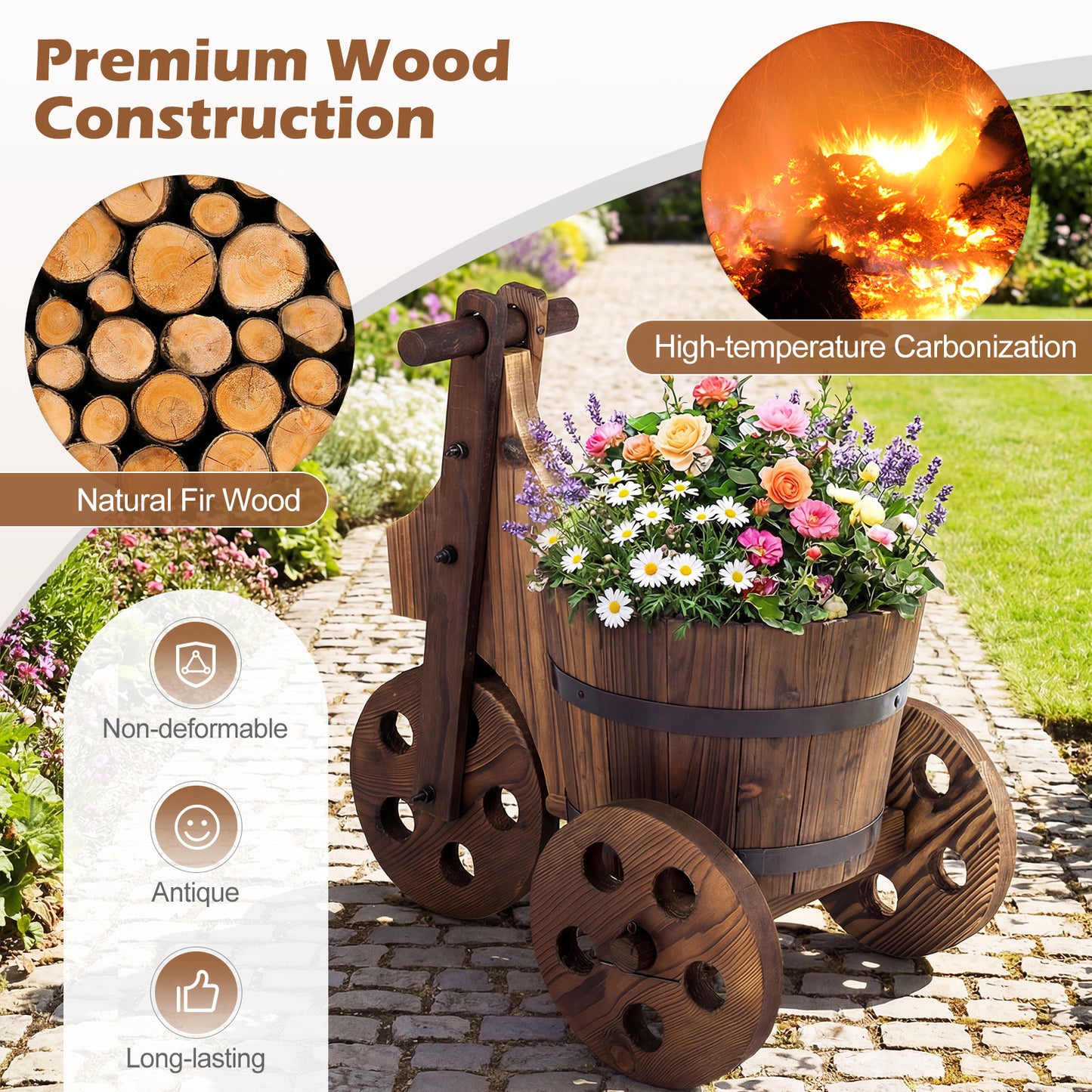 Rustic Wood Tricycle Planter Barrel Flower Pot Cart with Drainage Hole, Coffee Raised Garden Beds at Gallery Canada
