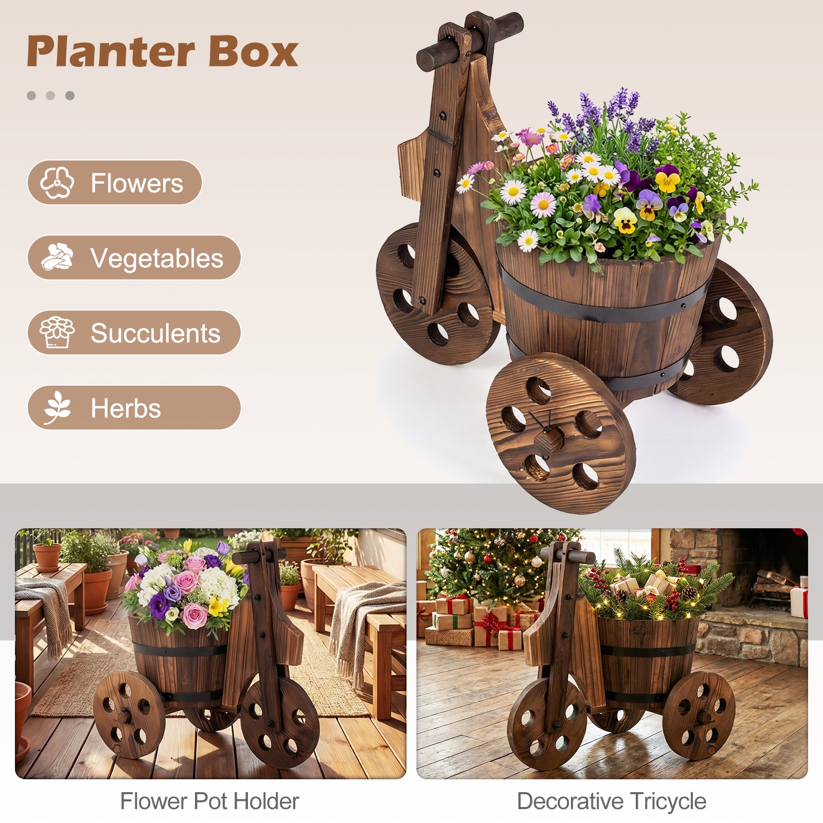 Rustic Wood Tricycle Planter Barrel Flower Pot Cart with Drainage Hole, Coffee Raised Garden Beds at Gallery Canada