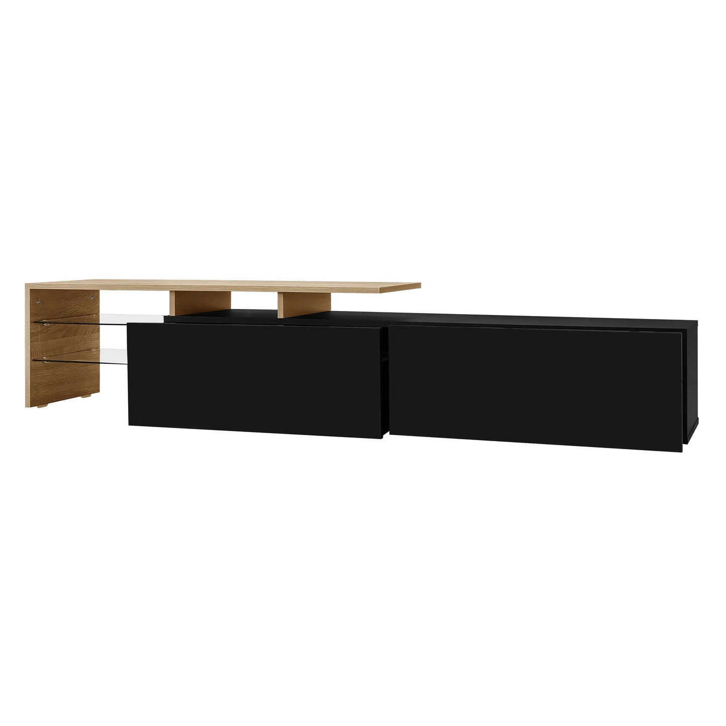 TV Cabinet With Glass Shelves, LED Lighting, 67" L x 13" W x 13" H, Natural, Black TV Stands at Gallery Canada