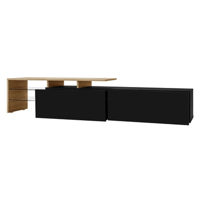 TV Cabinet With Glass Shelves, LED Lighting, 67" L x 13" W x 13" H, Natural, Black TV Stands at Gallery Canada