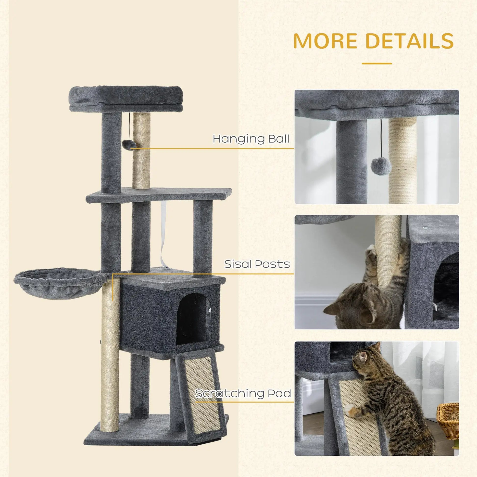 50 Inch Cat Tree, Multi-Level Tower with Sisal Posts, Ramp, Bed, Condo, Hammock, Toy Ball, Grey Cat Towers at Gallery Canada