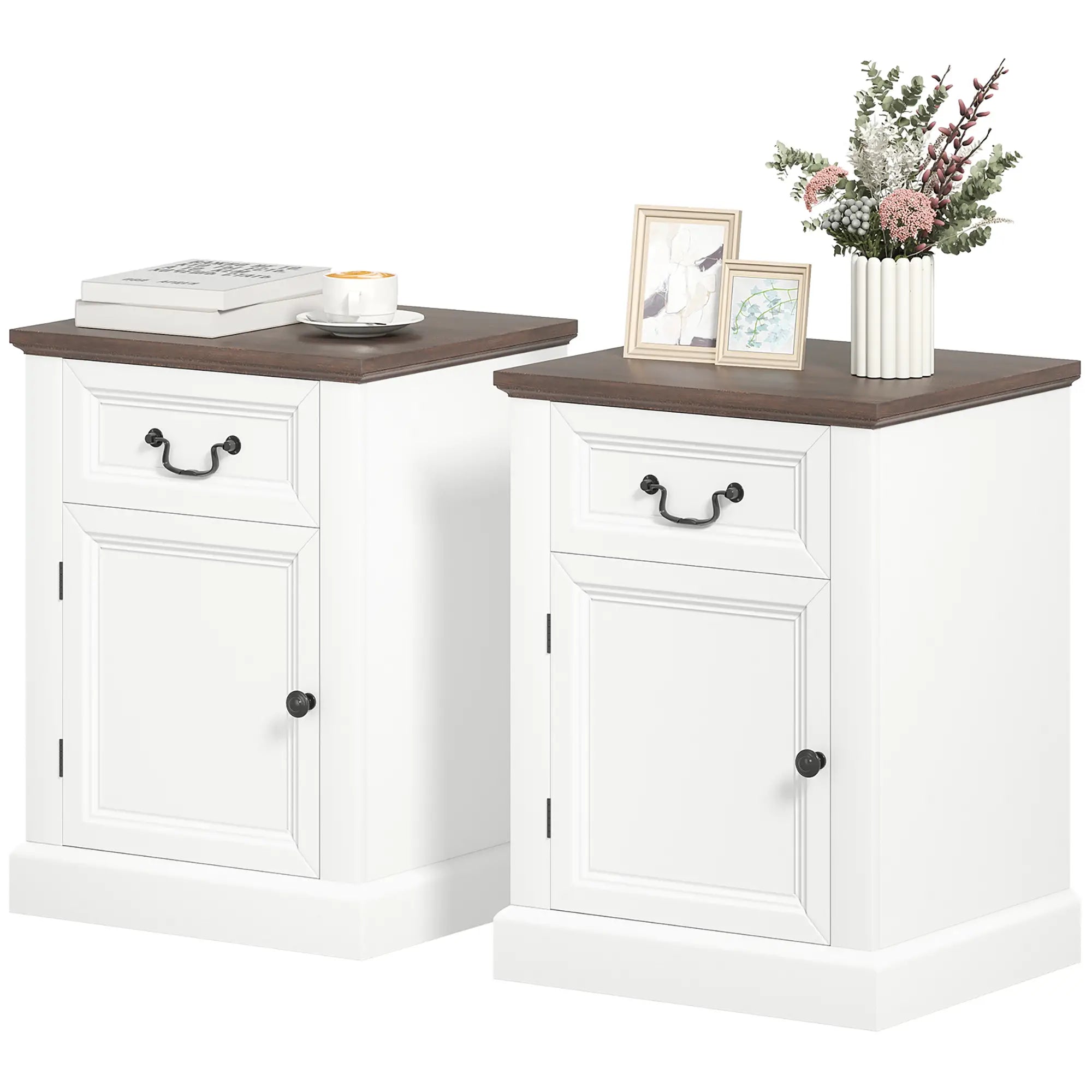 Side Table Set of 2, with Drawer and Cabinet, White Side Tables White, Brown at Gallery Canada