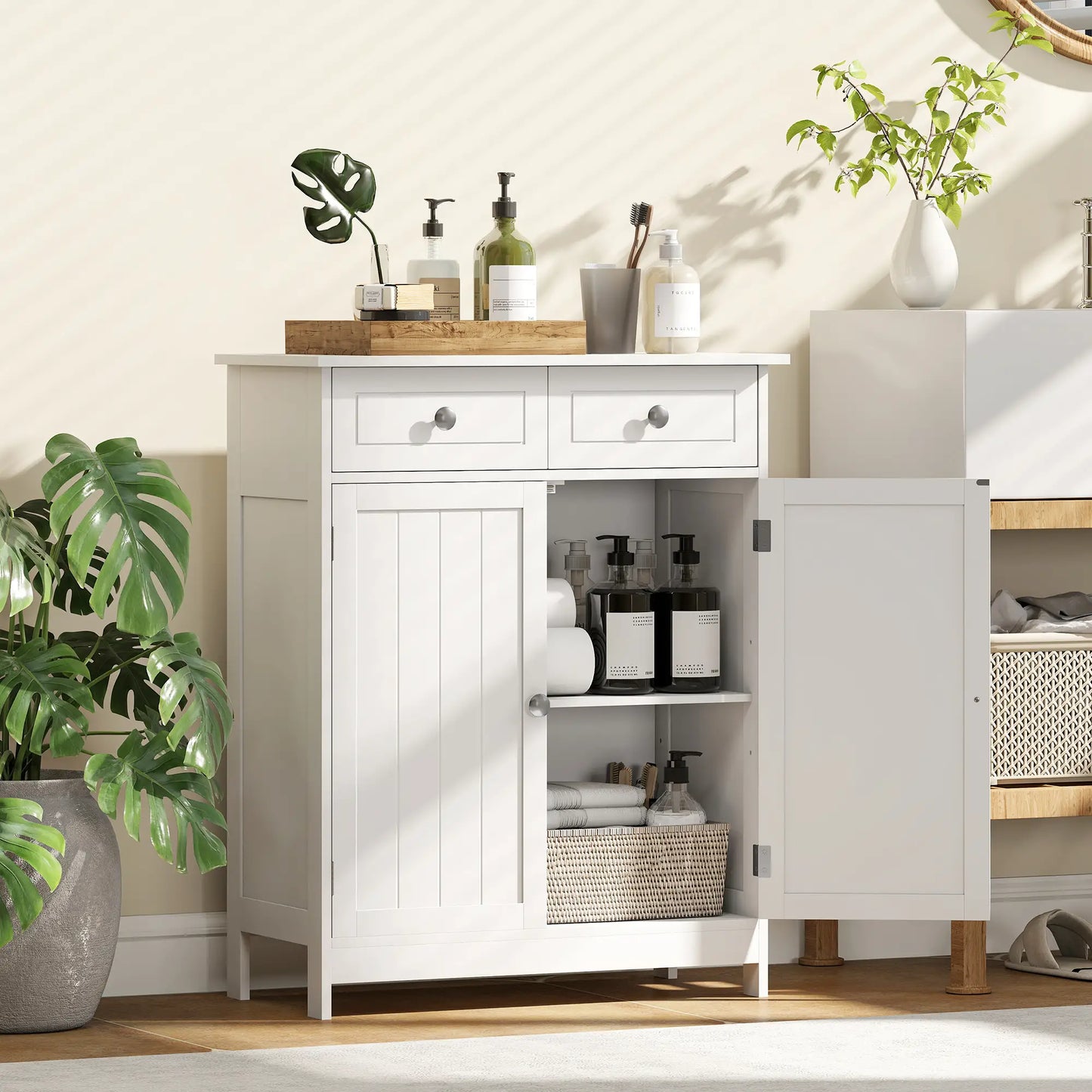 Freestanding Bathroom Cabinet, 2 Door, 2 Drawers, Adjustable Shelf, White Bathroom Cabinets at Gallery Canada
