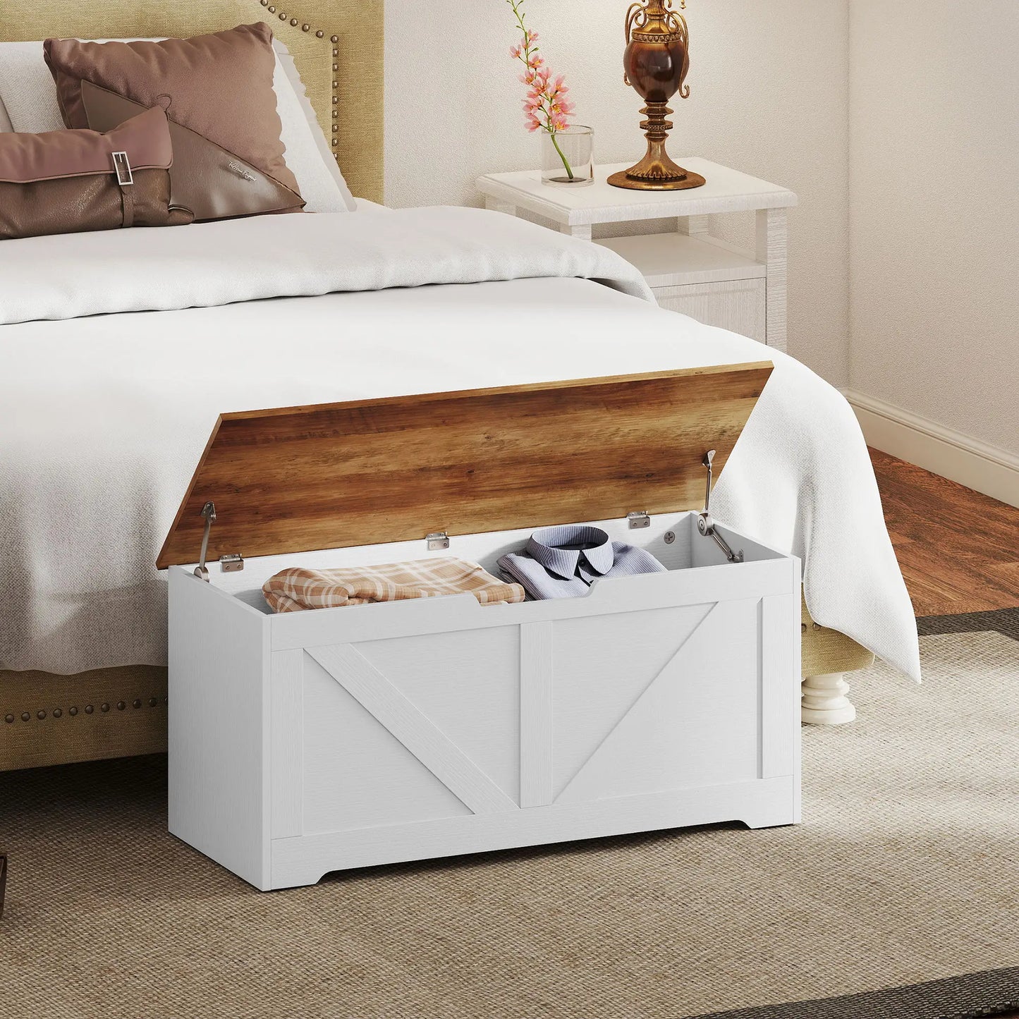 39.4 Inches Storage Chest, Brown White Wood Grain, Safety Hinges, Brown White