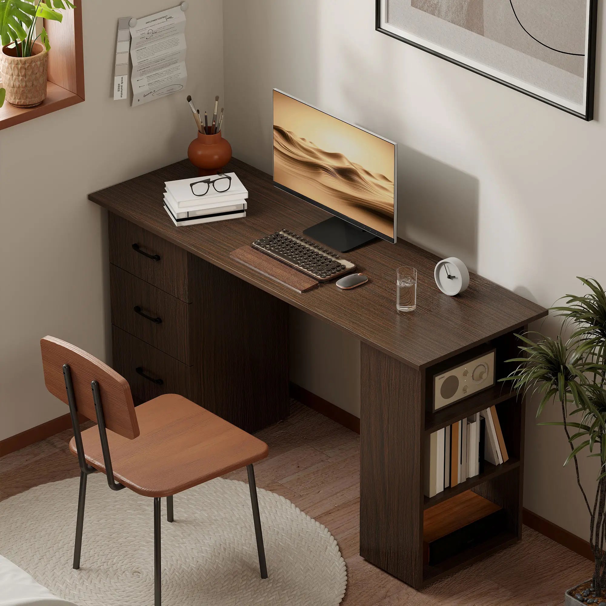 55 Inch Computer Desk, 3-Tier Shelves, 3 Reversible Drawers, Walnut Computer Desks at Gallery Canada
