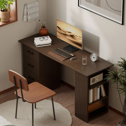 55 Inch Computer Desk, 3-Tier Shelves, 3 Reversible Drawers, Walnut Computer Desks at Gallery Canada
