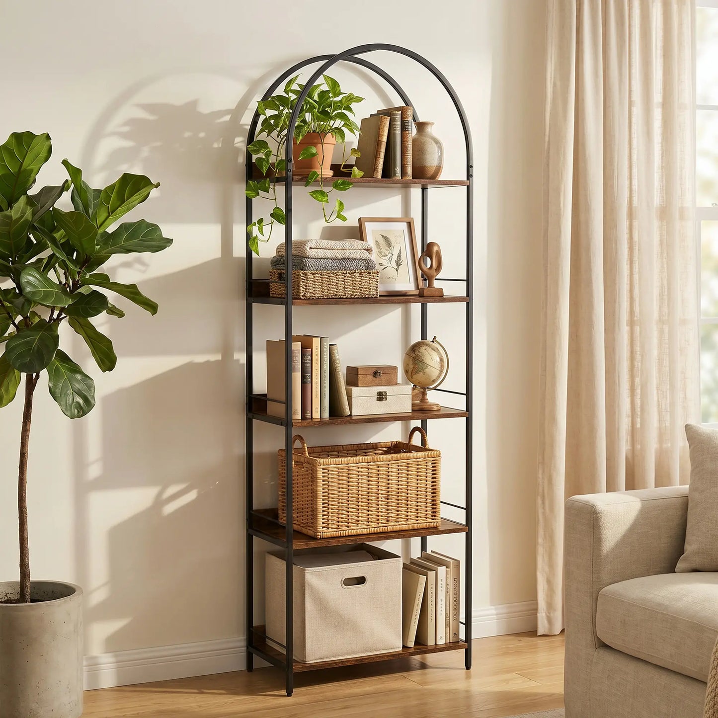 Bibliothèque voûtée de 73.2" de hauteur, 5 niveaux, industrielle, marron rustique