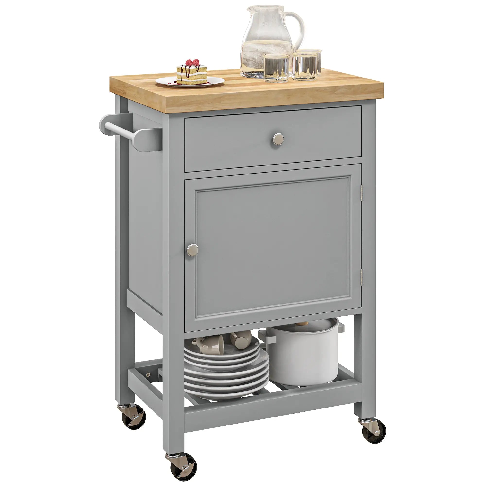 Kitchen Cart on Wheels, Wood Top, Towel Rack, Drawer, Shelf, Grey Kitchen Islands & Kitchen Carts at Gallery Canada