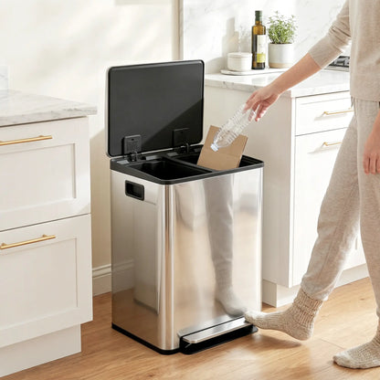 2 x 30L / 7.9 Gallon Dual Trash Can with Removable Inner Buckets and Handles for Kitchen, Office, Bathroom, Silver