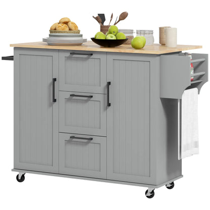 Rolling Kitchen Cart with Drop Leaf, 3 Drawers, Solid Wood Top, Towel Rack, Grey Kitchen Islands & Kitchen Carts Grey, Natural at Gallery Canada