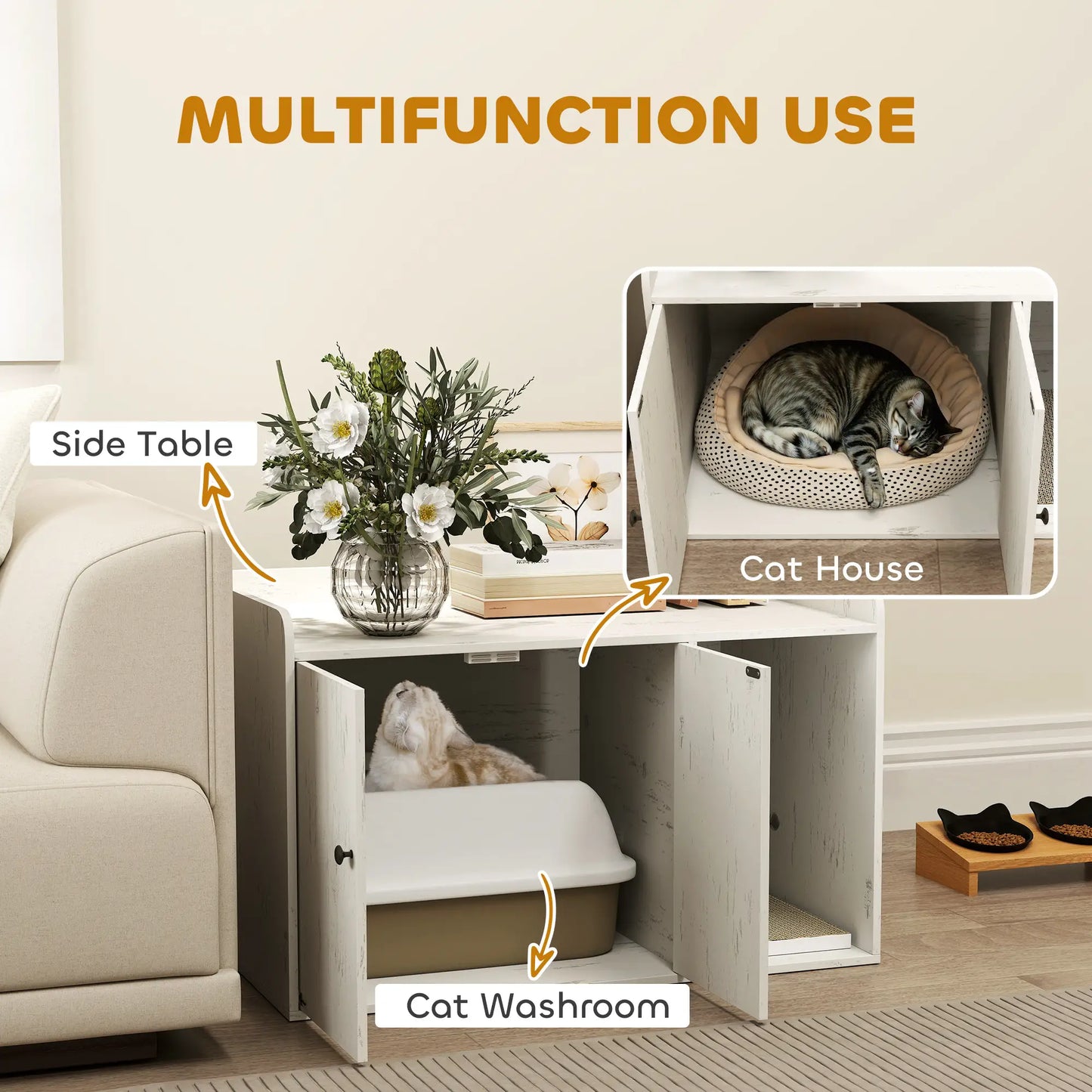 32" Cat Litter Box Enclosure, Scratching Mat, Cat Entrance, Distressed, White Cat Litter Box Enclosures at Gallery Canada