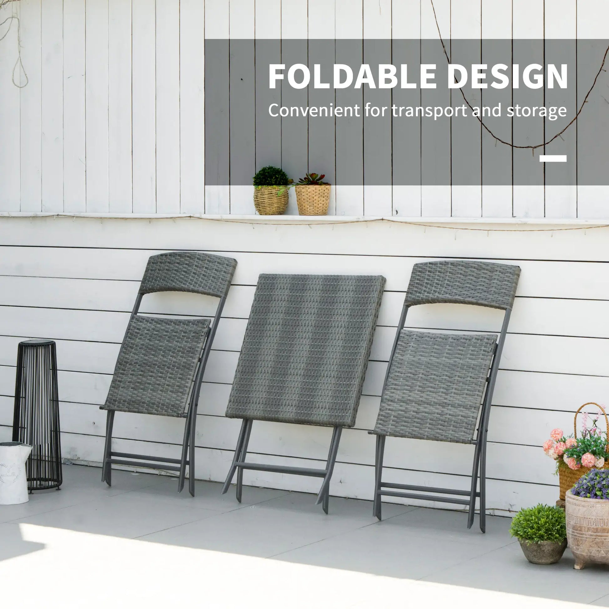 3-Piece Outdoor Folding Rattan Bistro Set, Grey Bistro Sets at Gallery Canada