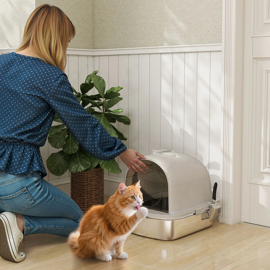 Enclosed Stainless Steel Litter Box, With Scoop, Deodorizer Bag, Handle Cat Litter Box Enclosures Grey, Silver at Gallery Canada