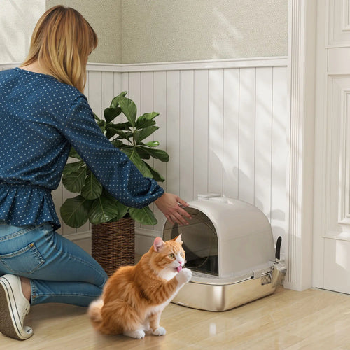 Enclosed Stainless Steel Litter Box, With Scoop, Deodorizer Bag, Handle
