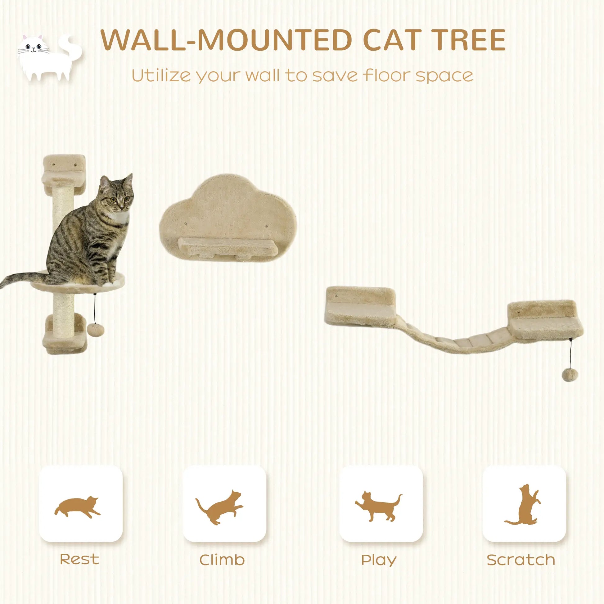 3 Pcs Cat Wall Climber, Scratching Post, Ladder, Perches, Beige Cat Climbing Wall at Gallery Canada