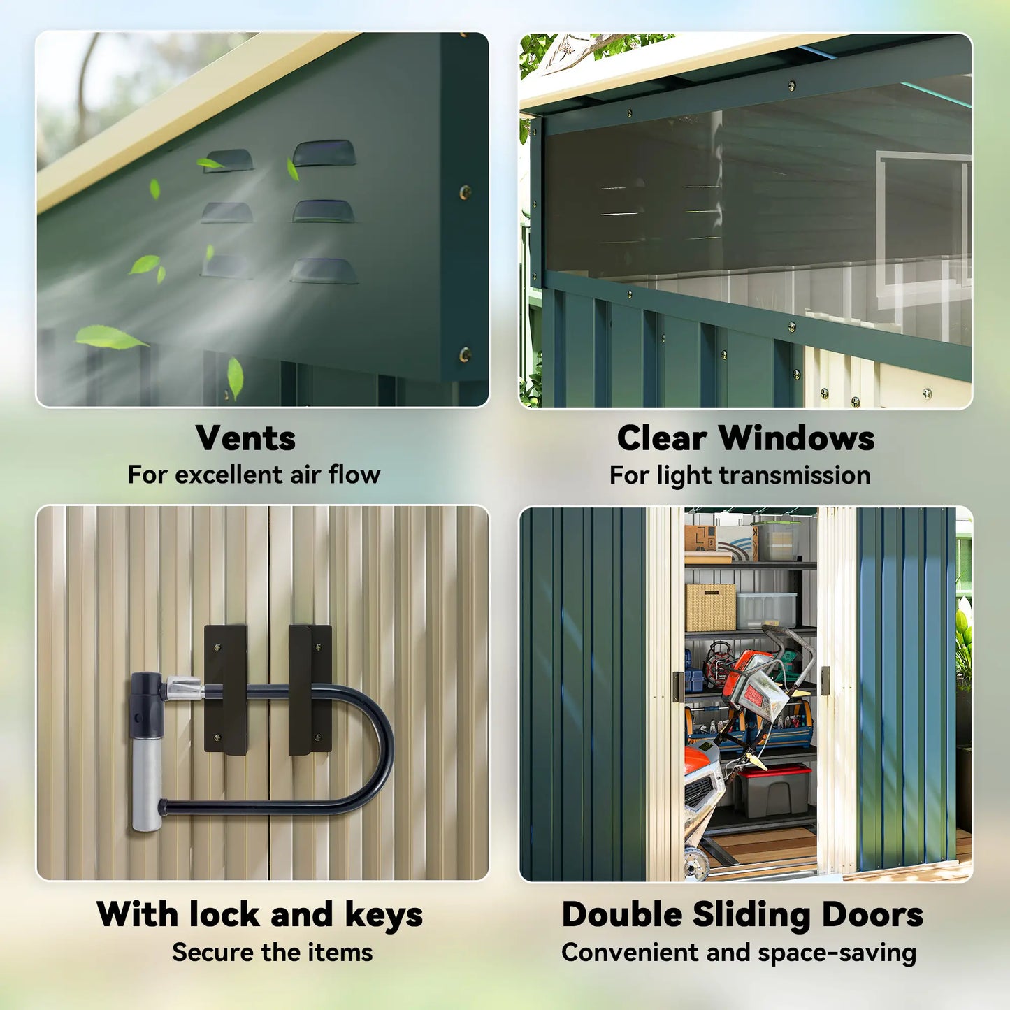 6.5x4FT Galvanised Metal Shed, Foundation Kit, Sliding Doors, Vents, Green