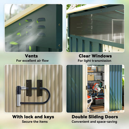 6.5x4FT Galvanised Metal Shed, Foundation Kit, Sliding Doors, Vents, Green