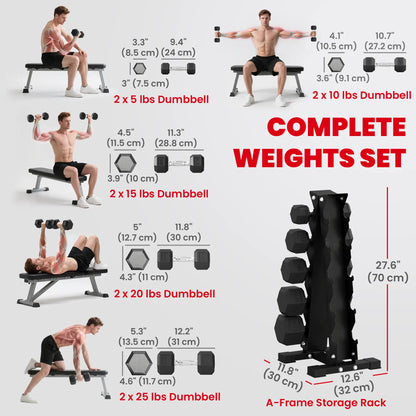 Hex Dumbbell Set with Rack, 150lbs Rubber-Coated, Non-Slip Handles, Rubber-Coated