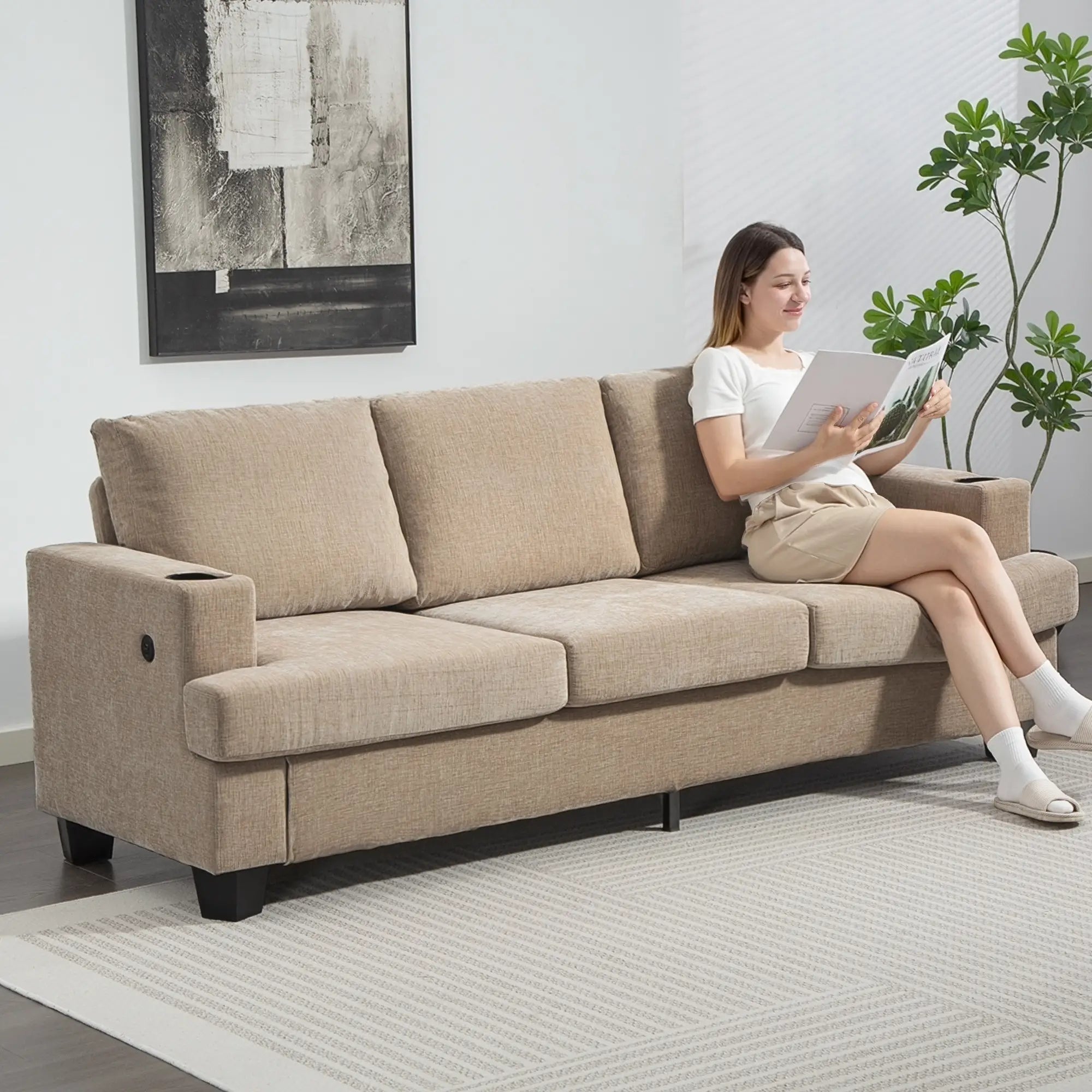 3 Seater Sofa with USB Ports, Cup Holders, Chenille Upholstery, Light Brown 3-Seater Sofas at Gallery Canada