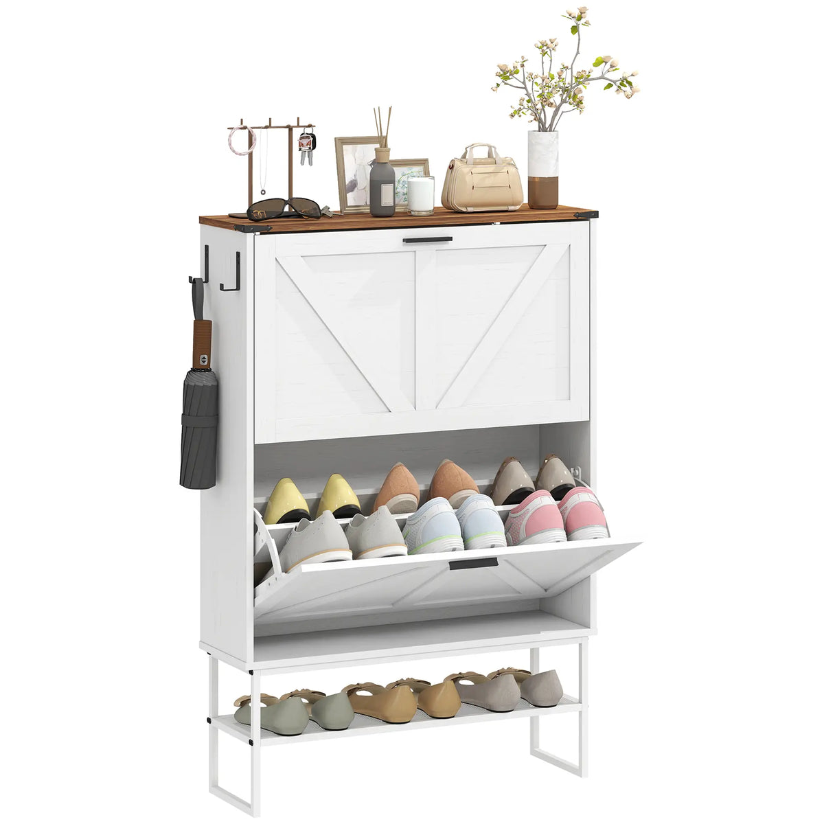 Narrow Shoe Cabinet with 2 Flip Drawers, Slim, White Wood Grain, White Shoe Storage Cabinets & Racks White Wood Grain, Brown at Gallery Canada