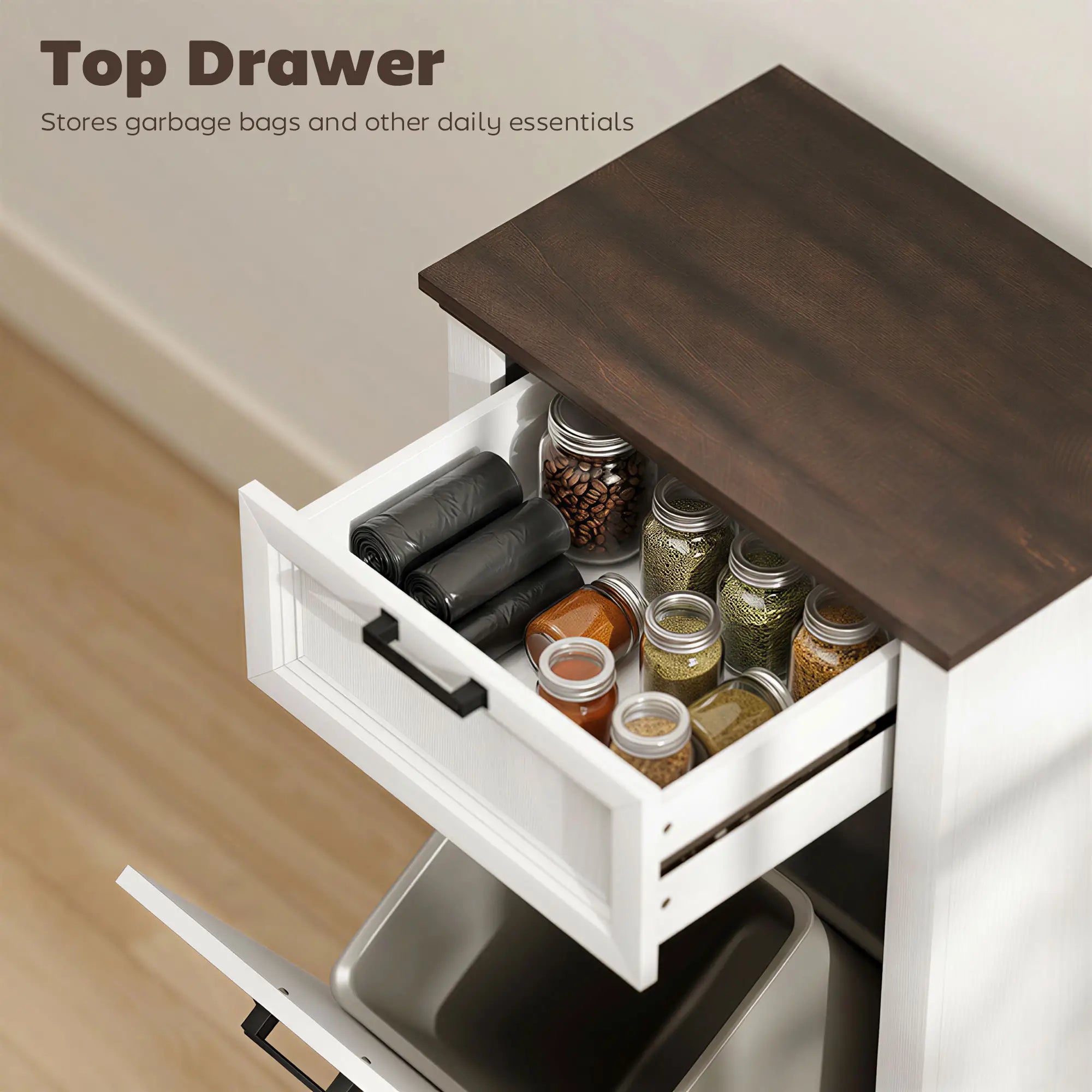 10 Gallon Trash Can Cabinet With Drawer, White Wood Effect, White Storage Cabinets at Gallery Canada