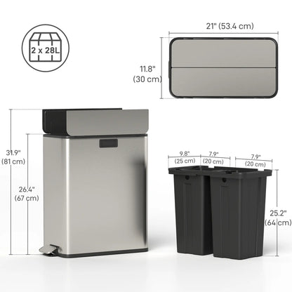 Dual Trash Can with Soft-Close Lid, Garbage Can with Removable Inner Bucket for Kitchen 14.8gal, Silver Household Supplies at Gallery Canada