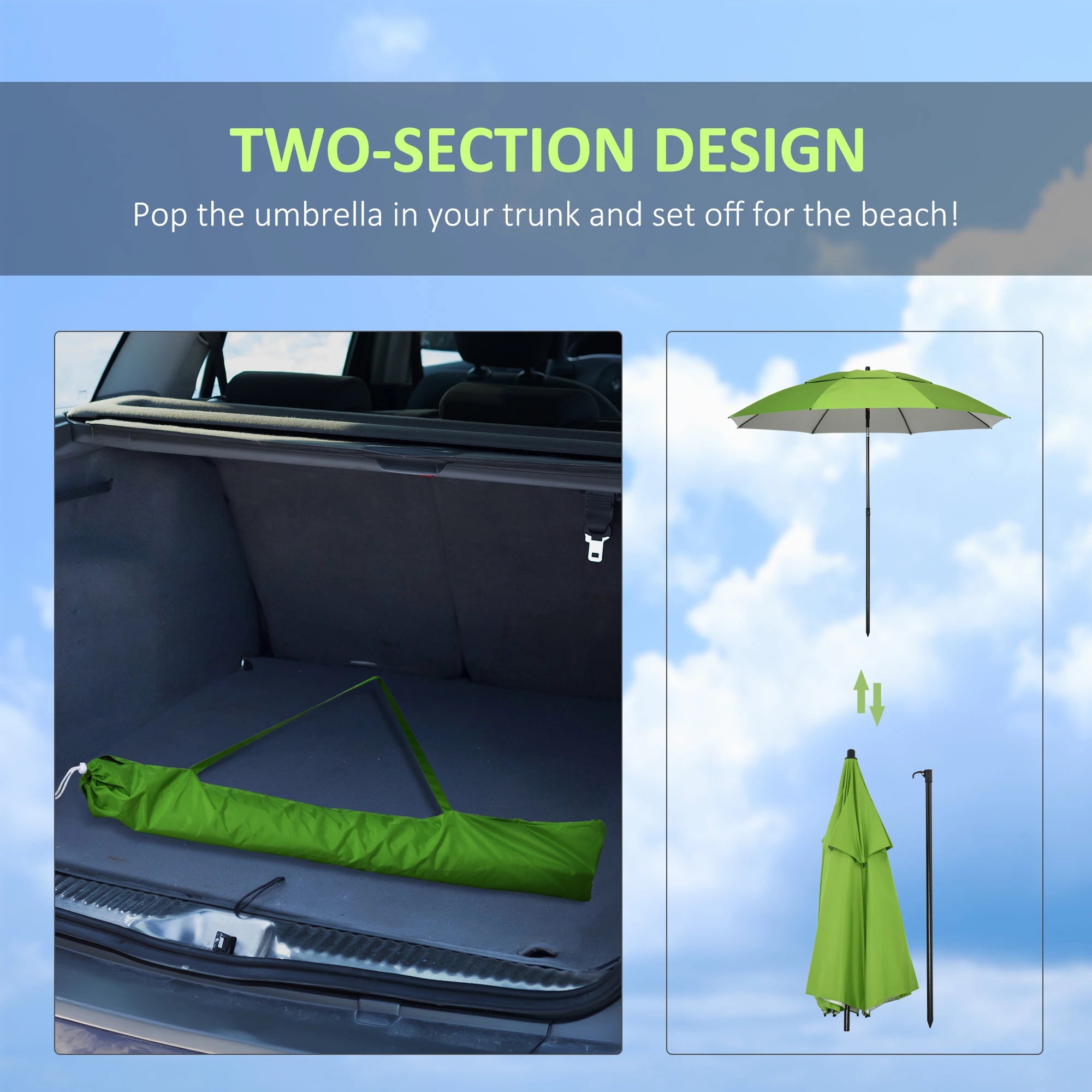 6.6ft Arched Beach Umbrella, Adjustable, Steel Frame, UV30+, Green Beach Umbrellas at Gallery Canada