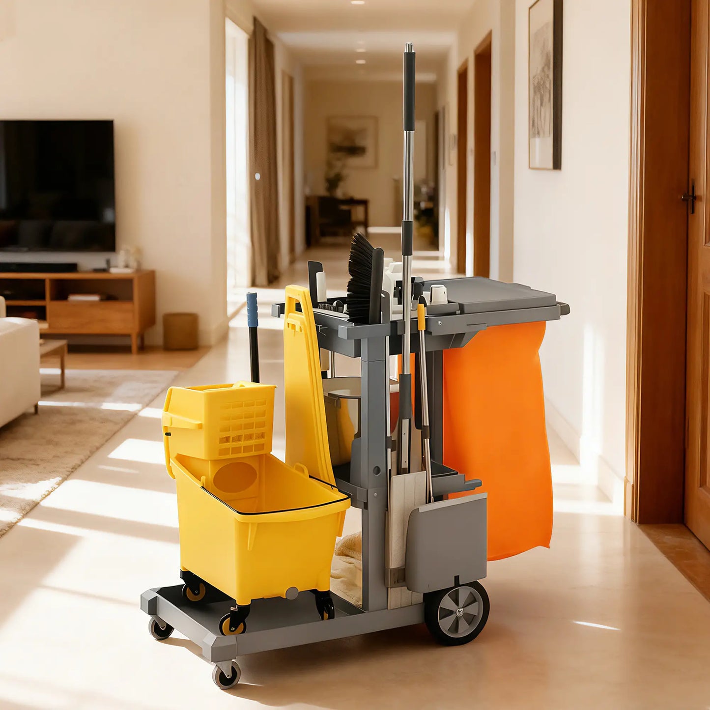 Commercial Janitorial Cart, 3 Tier Shelves, Grey Household Supplies at Gallery Canada