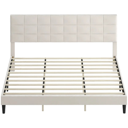 King Size Bed Frame, Upholstered Headboard, Wood Slats, 1100 lbs, Cream Bed Frames Cream at Gallery Canada