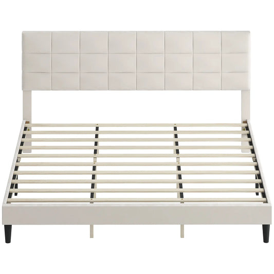 King Size Bed Frame, Upholstered Headboard, Wood Slats, 1100 lbs, Cream Bed Frames Cream at Gallery Canada