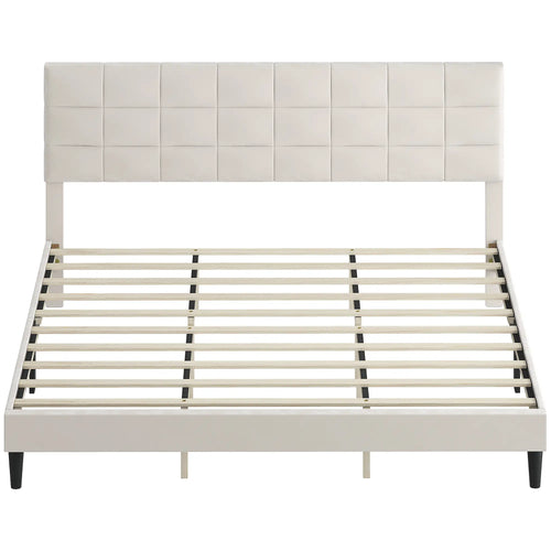 King Size Bed Frame, Upholstered Headboard, Wood Slats, 1100 lbs, Cream