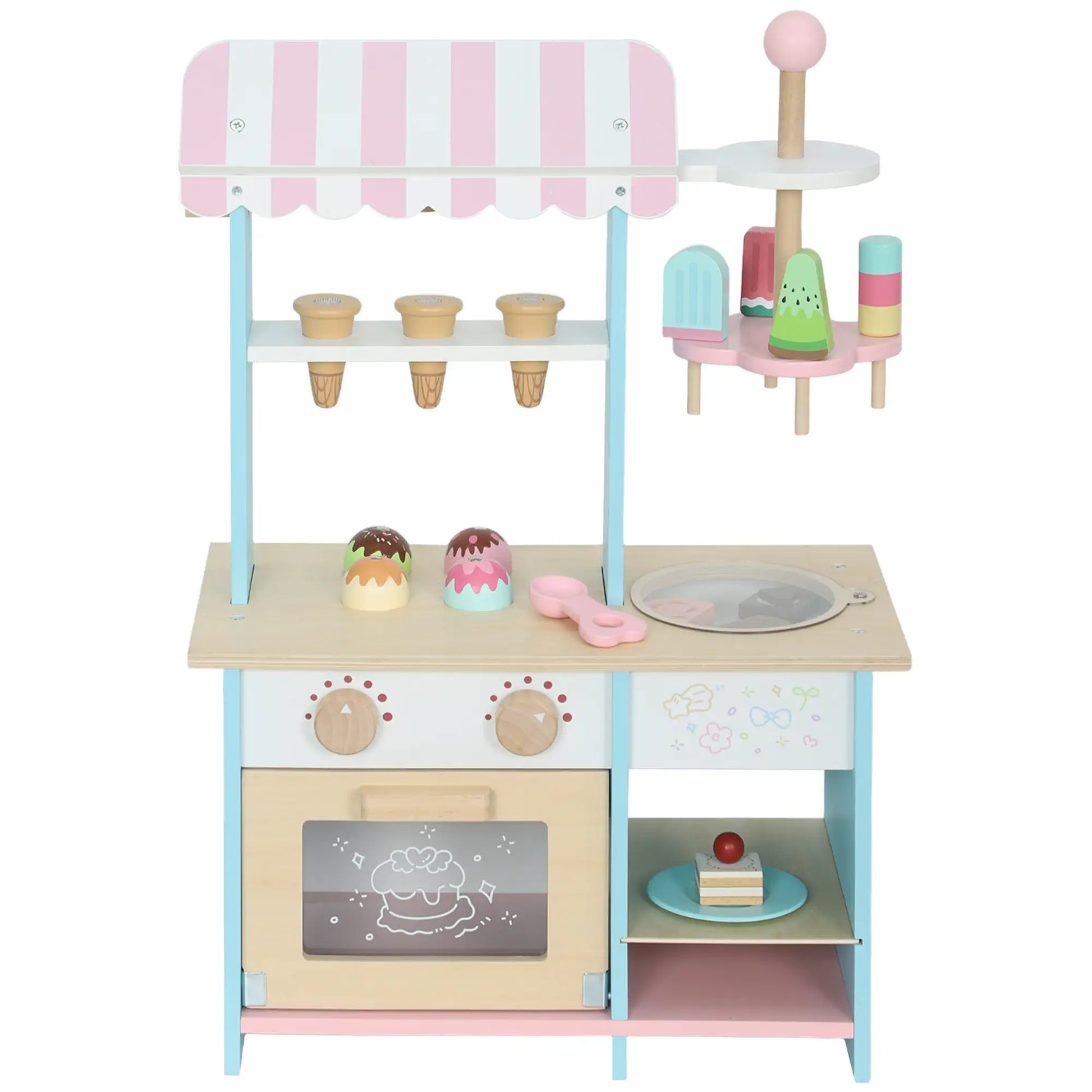Wooden Ice Cream Toy Shop, Pretend Play Food Store with Oven, Ages 3+ Toy Playsets Blue, Natural, Wood, Pink, White at Gallery Canada