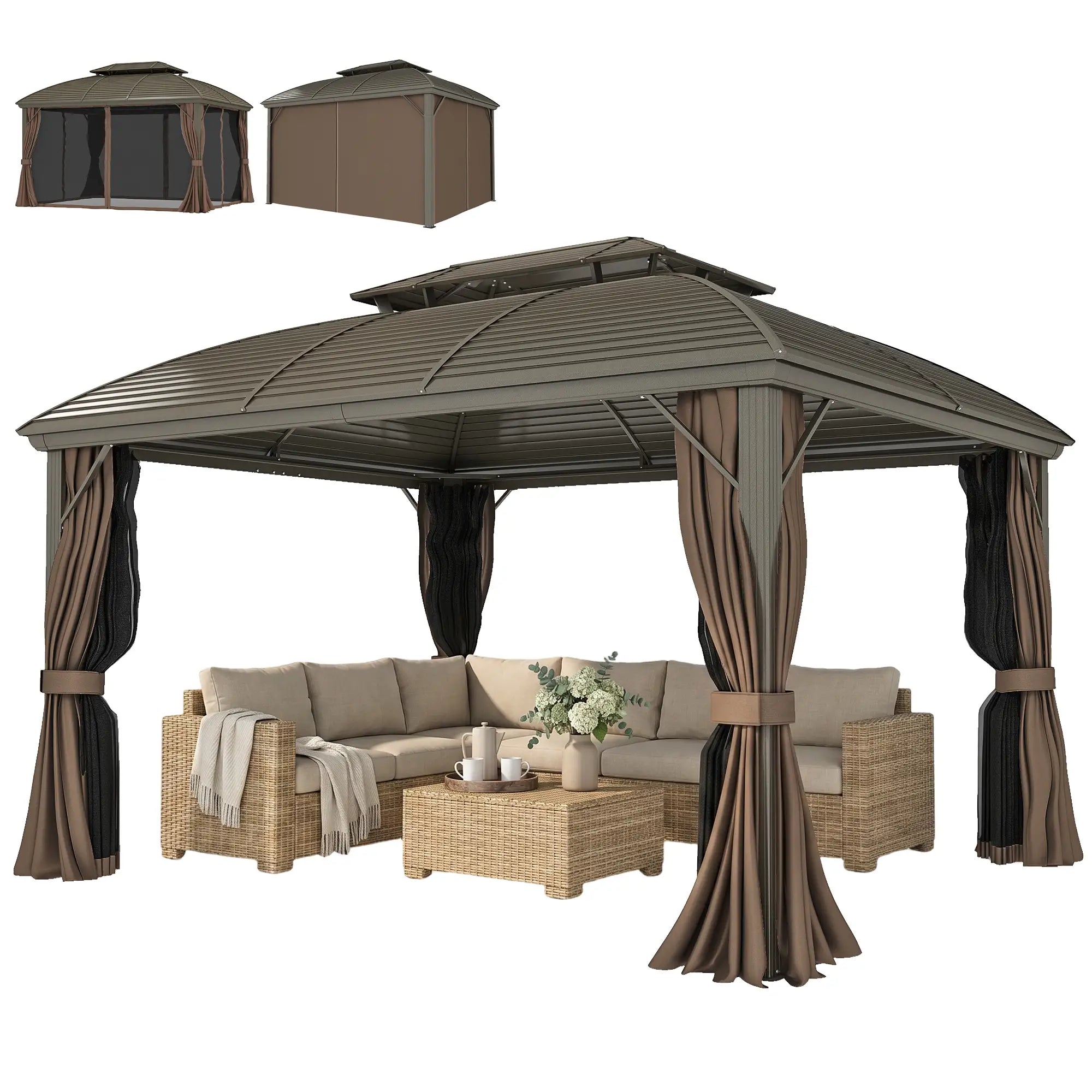 10' x 12' Hardtop Gazebo, Double Roof, Netting, Curtains, Garden, Backyard Gazebos at Gallery Canada