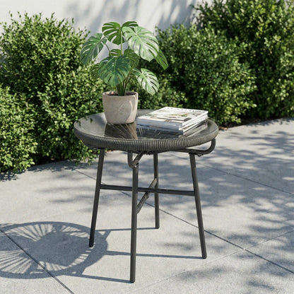 Round Outdoor Rattan Side Table, Tempered Glass Top, Dark Grey Patio Side Tables at Gallery Canada