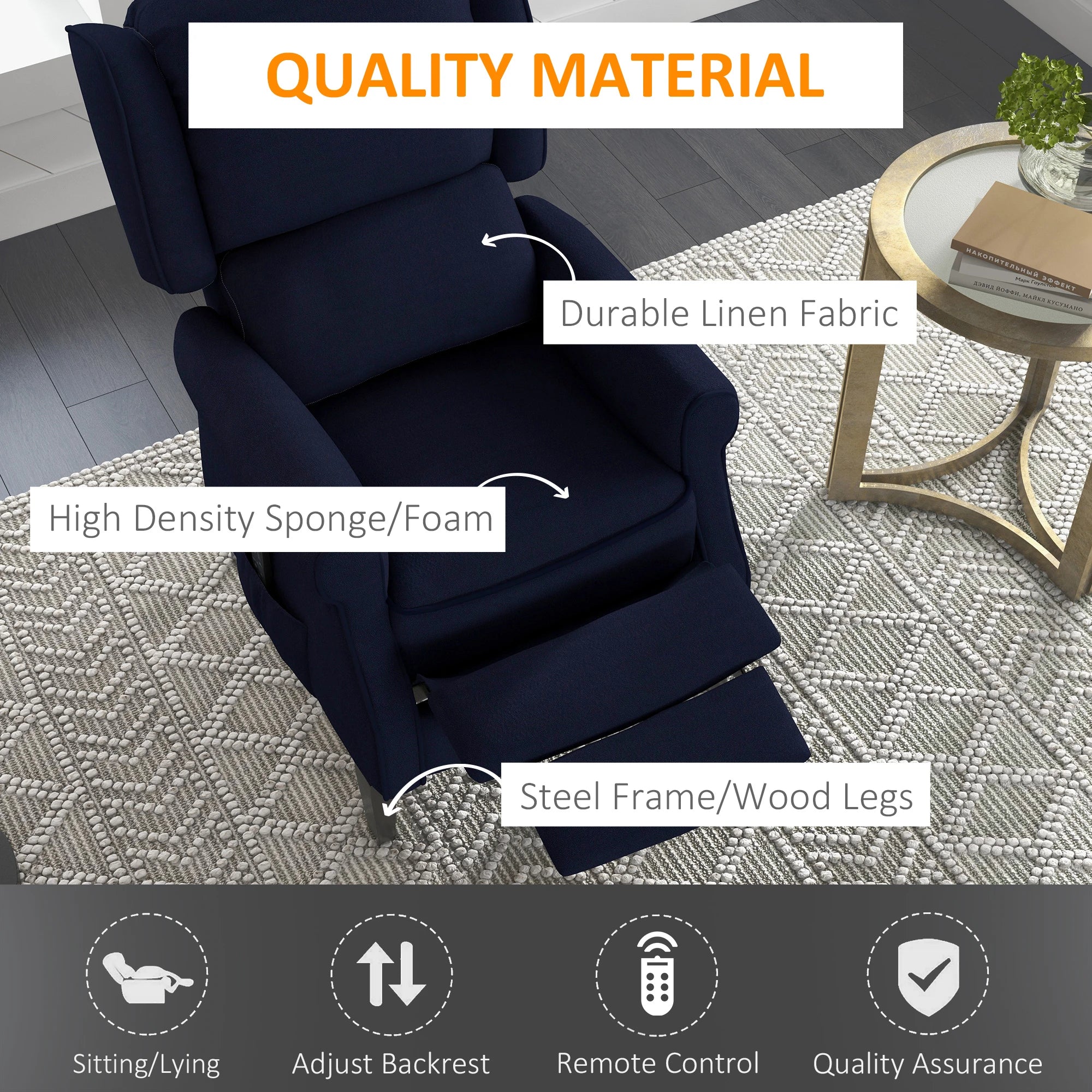 Push Back Recliner Chair, Vibration Massage, Extendable Footrest, Remote, Pocket, Blue Single Sofas at Gallery Canada