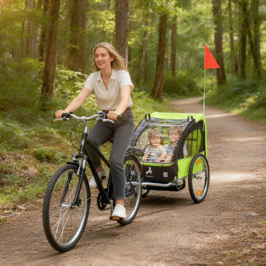 2-Seat Child Bike Trailer, Steel Frame, 5-Point Harness, Green