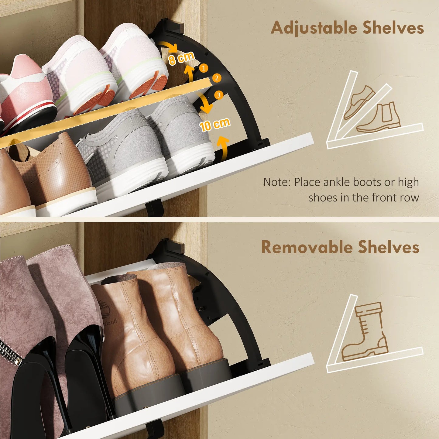Shoe Cabinet with 2 Flip Drawers, 3 Side Compartments, Adjustable Shelves, 8-12 Pairs for Entryway Hallway, Natural Shoe Storage Cabinets & Racks at Gallery Canada
